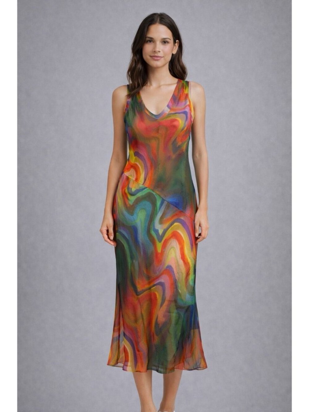 Raquel Allegra Dress Silk Rayon Print Kennedy Midi Multi Wave Size 00 Sleeveless - Picture 1 of 15